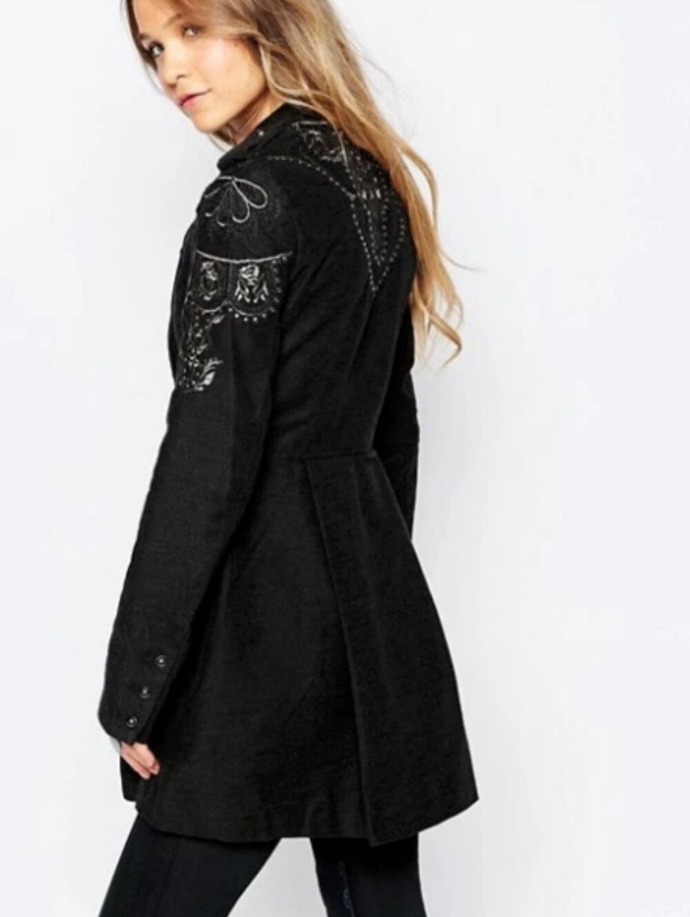 Free People Sergeant Coat Embroidered Charcoal Gray Military Zip Button Jacket 4 - Picture 5 of 16